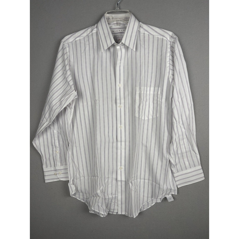 Vintage‎ Aigner Shirt Men's 16-32/33 White Stripe Button Up Collared Taiwan 3689